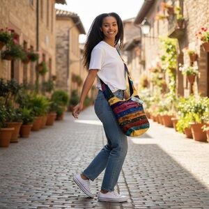 Multicolor Crossbody Bag 100% Cotton Zipper Closure